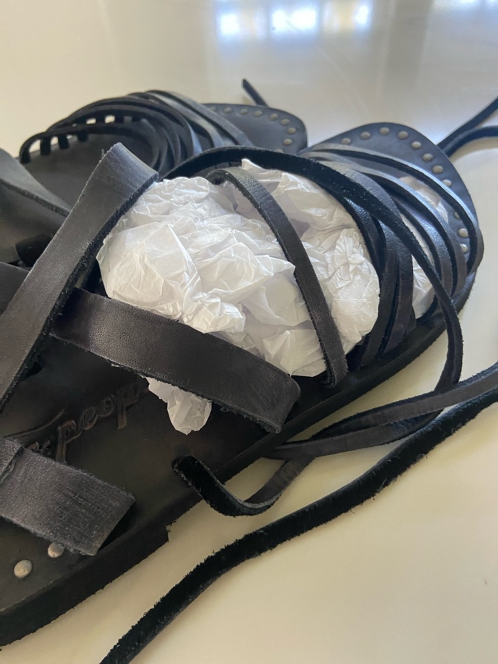 Black Strappy Lace-Up Studded Flat Sandals free people. Never worn perfect - Picture 10 of 13